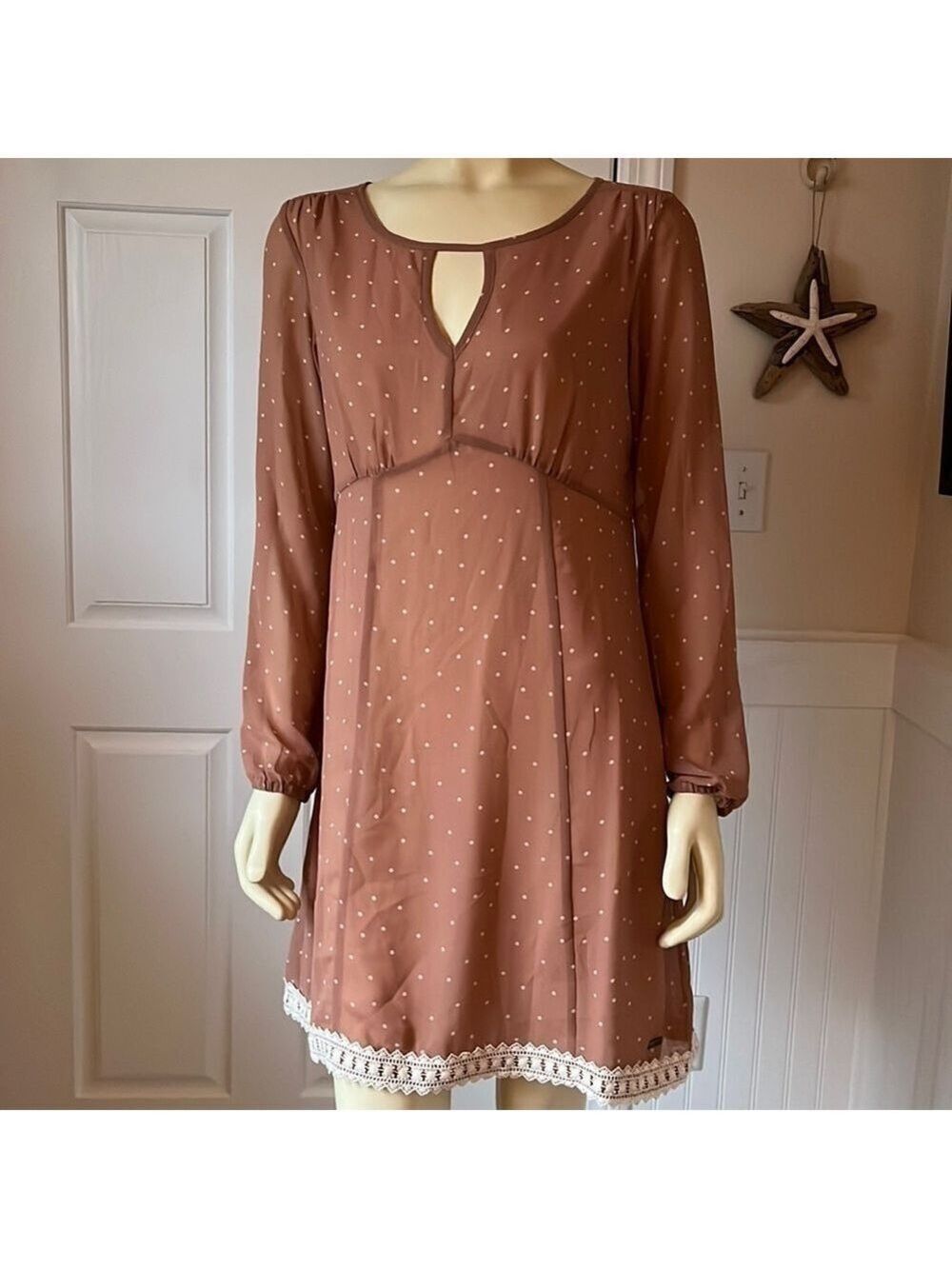 𝅺NWT Mismash Sheer Bubble Sleeves Taupe with Cream Polka Dots Dress M